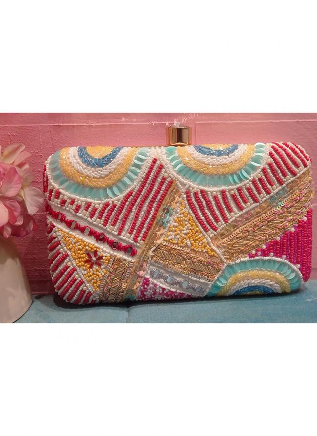 Poly Satin Pink Party Wear Hand Work Clutches